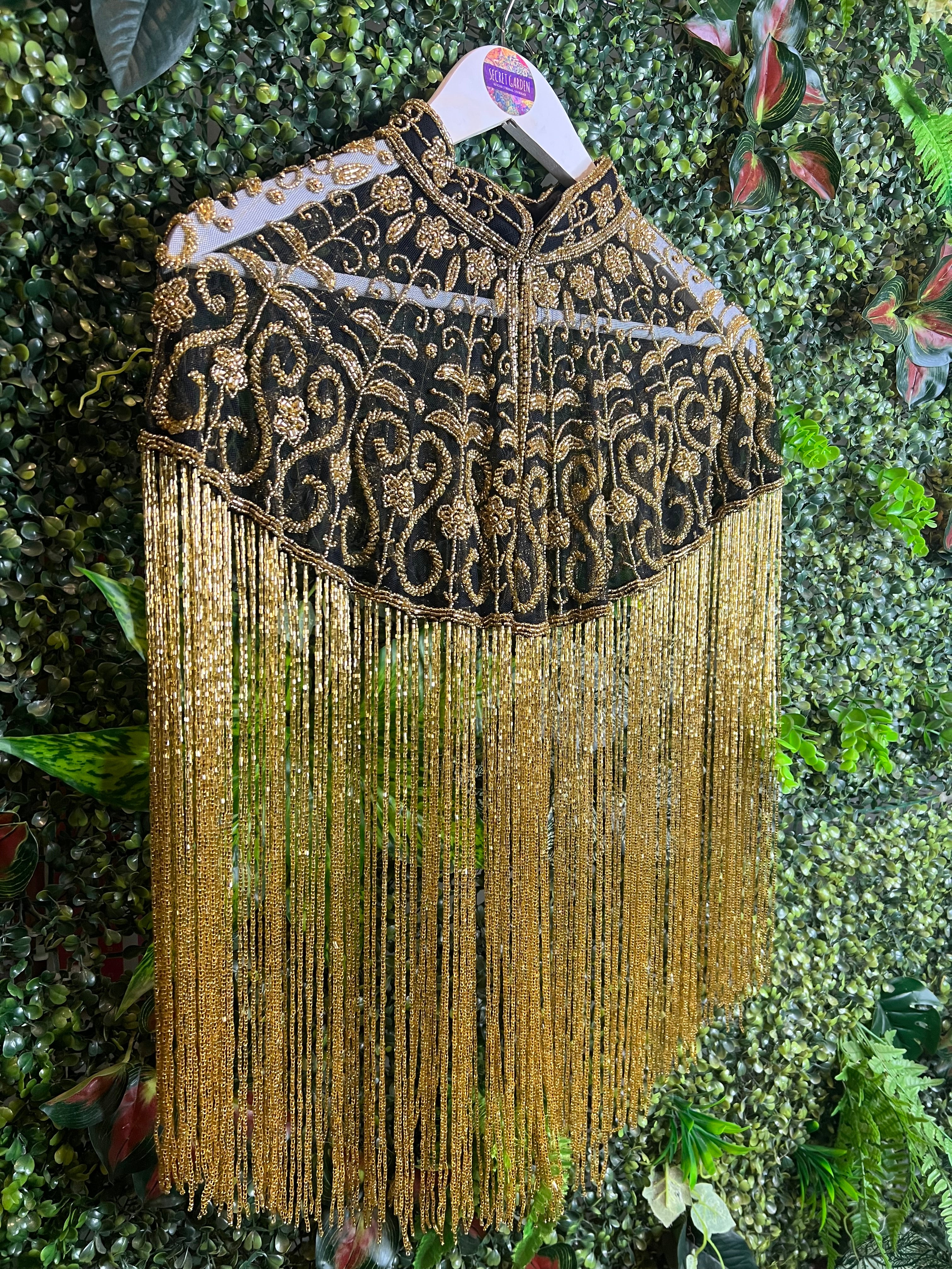 Embellished Tassel Beaded Cape - Black & Gold Flower - Image 4