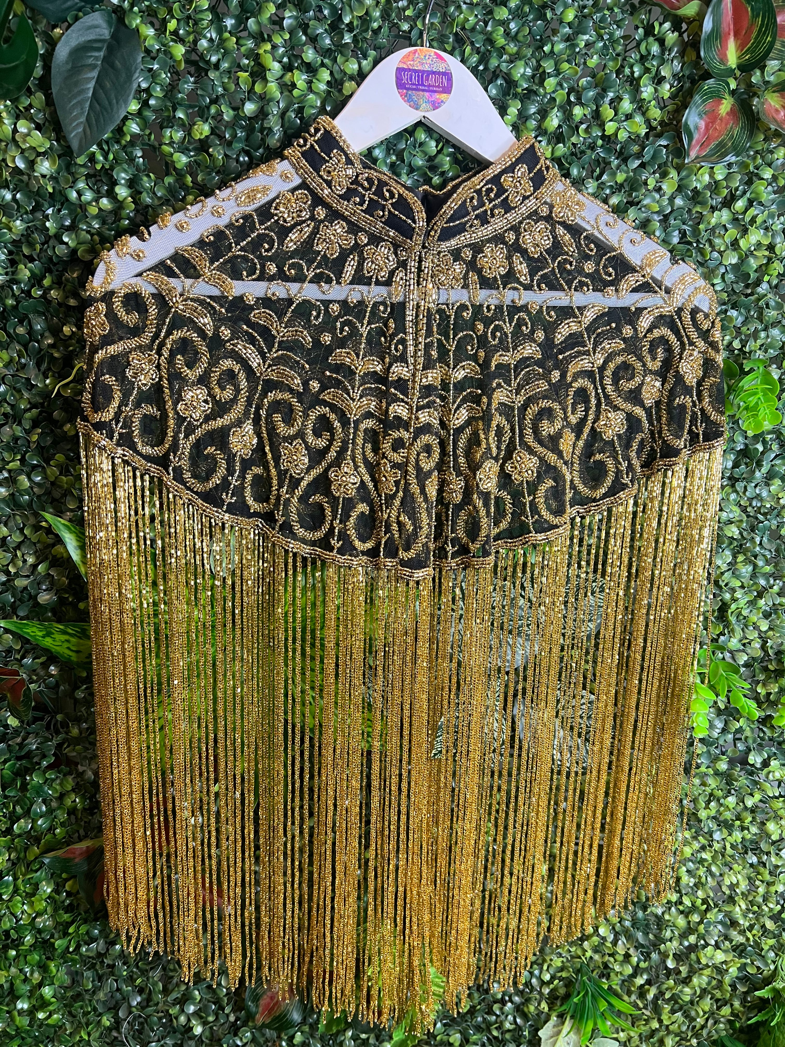 Embellished Tassel Beaded Cape - Black & Gold Flower - Image 5